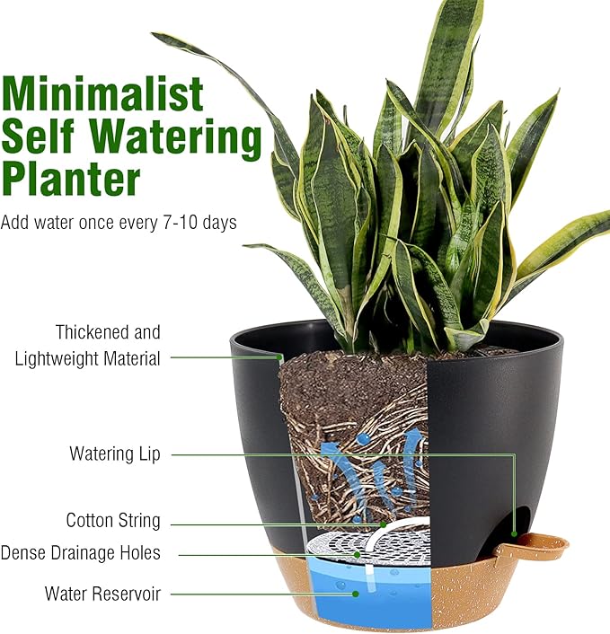 Large Self Watering Pots 12/10/9 Plastic Planters with High Drainage Holes and Deep Reservoir for Indoor Outdoor Garden Plants and Flowers Black with Brown