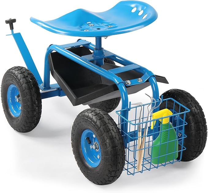Vasitelan Rolling Garden Cart Stool 4-Wheel Work Seat Planting Cart w/Tool Tray Extendable Steering H&ample360 Swivel Seat Storage Basket for Gardening Planting