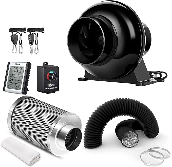 iPower 4 Inch 195 CFM Inline Fan Vent Blower Air Carbon Filter 8 Feet Ducting Speed Controller Rope Hanger and Temperature Humidity Monitor for Grow Tent Ventilation Exhaust HVAC Heating Cooling
