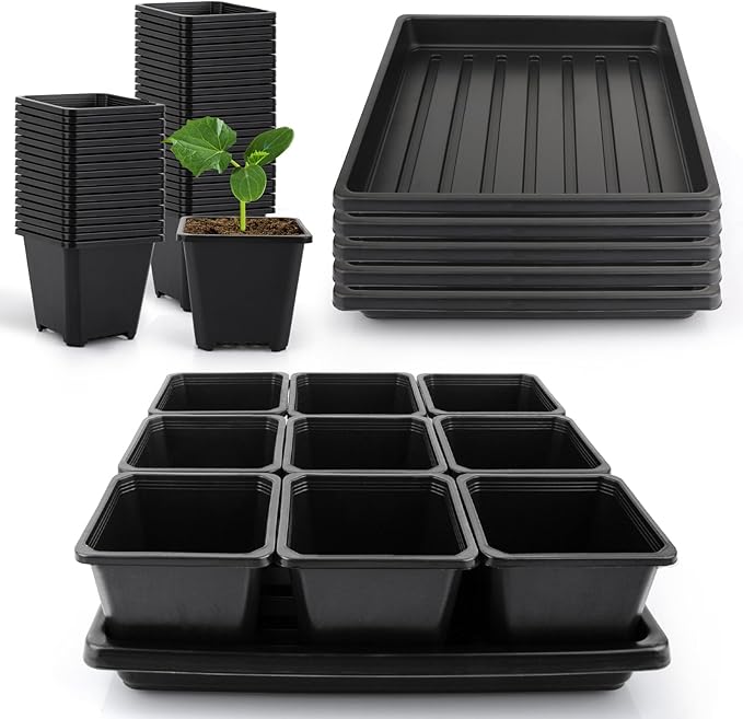 50Pcs 3.5inch Square Nursery Pots with 5Pcs Seed Starting Trays Seed Starter Tray Kit Seeds Starting Germination Seeding Pots with Drain Holes Small Plant Nursery Propagation