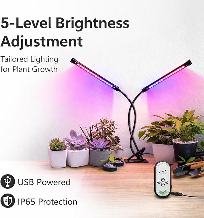 Plant Grow Light 30W USB Powered Dual Head Clip On Full Dimmable with Timing - Energy Efficient Flexible Angle Ideal for Indoor Plants