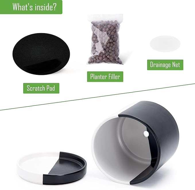 D'vine Dev 8.2 Inch Ceramic Planter Pot with Drainage Hole and Saucer Indoor Cylinder Round Planter Pot Split Monochrome Black &amp White 94-O-D-0