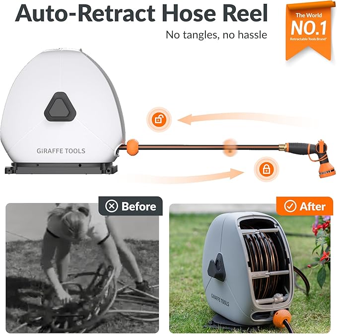 Giraffe Tools Heavy Duty Retractable Hose Reel 130FT 1/2 Inch Automatic Rewind Garden Hose Reel with Flexible Swivel Base Ground Mount for Lawn Patio and Concrete Floor
