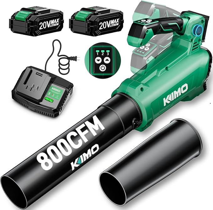 KIMO Leaf Blower Cordless with Battery and Charger 800CFM/300MPH Precision Adjustment Handle 3Speeds w/ Visual Panel Lightweight 2 Extended Tube 2* 2.0 Battery Powered Leaf Blowers for Lawn Care