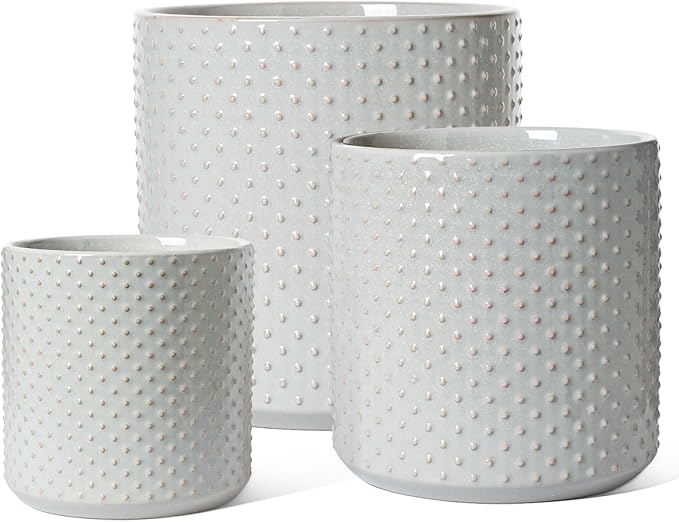 LE TAUCI Ceramic Pots for Plants 10/8/6 Inch Indoor Planters with Draiange Hole Silicone Plug &amp Mesh Pad Modern Rasied-Dots Pots for Home Office Set of 3 Glossy Star Gray