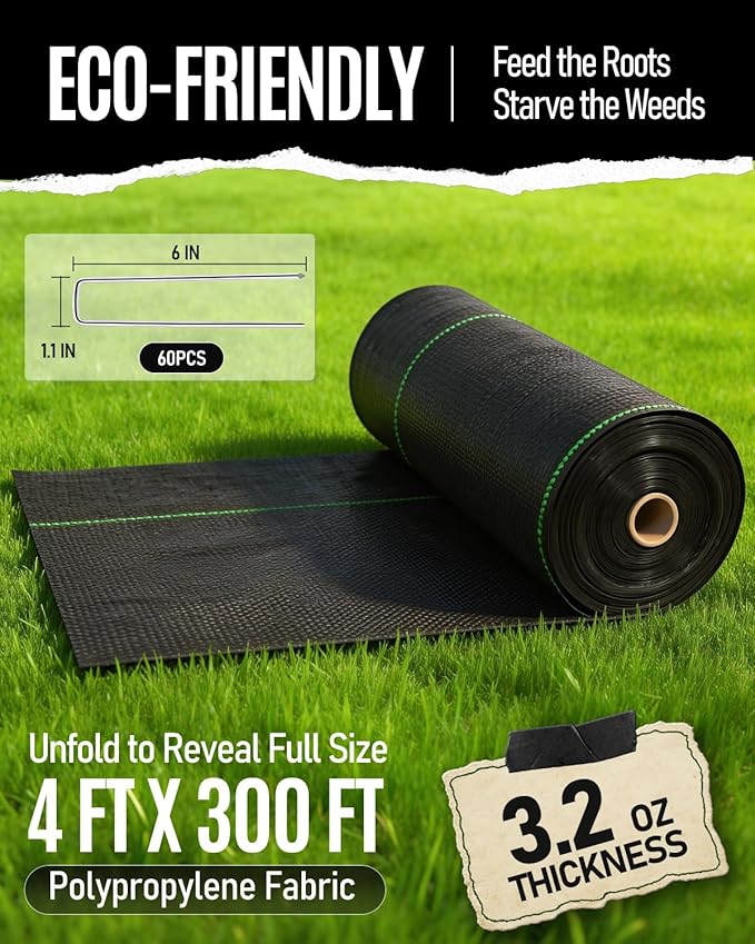 joyhalo 4ft x300ft Weed Barrier Fabric Heavy Duty 3.2oz Woven Garden Geotextile Fabric High Permeability for Weed Blocker Mat Weed Control Garden Cloth for Driveway Gravel Greenhouse