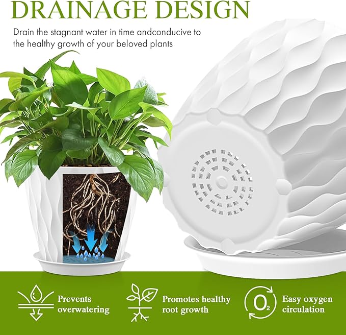 8 Inch Plant Pots with Saucers (4 Pack) - Modern Ribbed Flower Pots for Indoor Plants - Sturdy Decorative Planters for Snake Plant &amp Flowers - Drainage Holes (4 White)