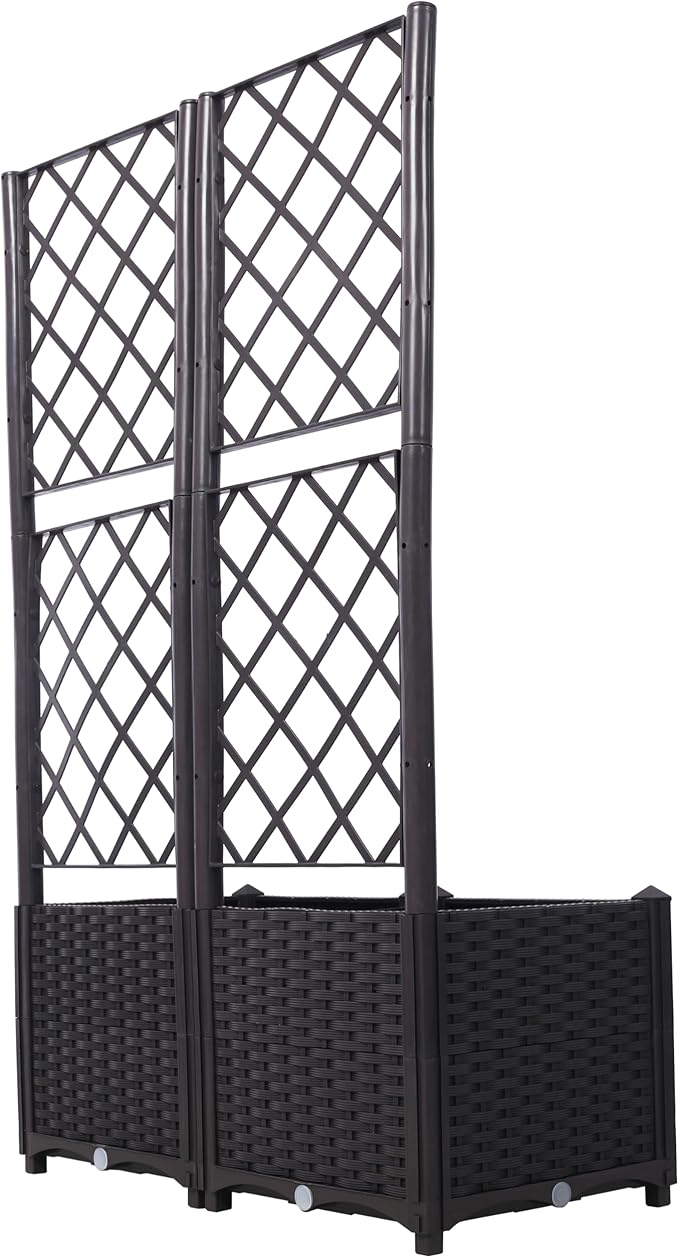 53.5 H Horticulture Garden Planter with Trellis Poly Rattan Brown Trellis Raised Bed with Drainage Plug for Climbing Plants/Vines Raised Garden Bed Garden Planter Box for Flowers Herbs Brown