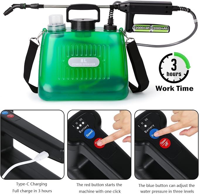 Battery Powered Sprayer 2 Gallon Electric Sprayer with 4 Mist Nozzles USB Rechargeable Handle 32in telescopic Wand Garden Sprayer with Adjustable Shoulder Strap for Lawn Garden Cleaning