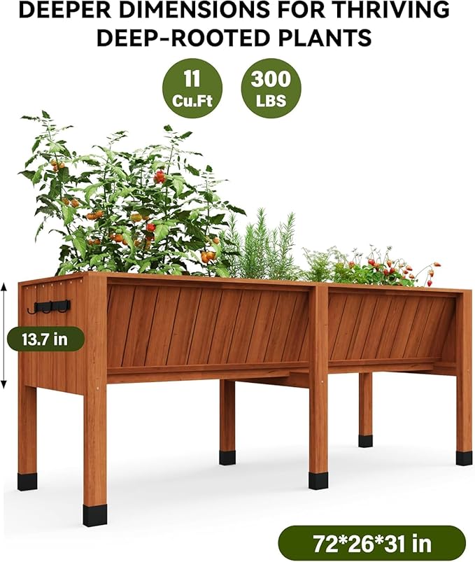 Raised Garden Bed Sturdy Elevated Wooden Planter Box Stand for Outdoor Gardening Heavy-Duty Patio Planter with Tool Hooks and Large Capacity for Vegetables Herbs or Flowers Acorn Brown