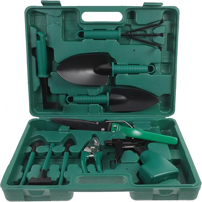 GLEAVI 10pcs Portable Garden Tool Set with Shovel Rake Pruner and Storage Case for Flower Planting and Outdoor Gardening Tasks