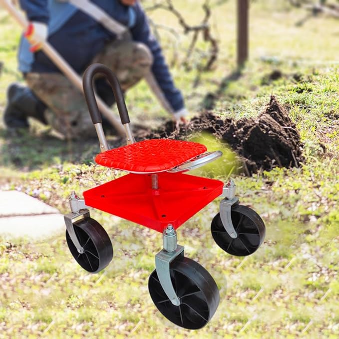 Generic Garden Trolley Rolling Seat Garden Chair Anti Slip Woven PP Seat 360° Rotating Gardening Stool for Gardener Planting Outdoor red