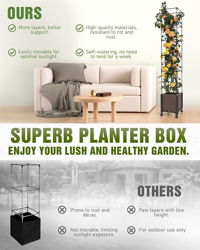 Jayhalo 71inch Planter Boxes Outdoor 3-in-1 Planter Box with Trellis with Wheels for Growing Vegetables 6 Layer Tomato Cage with Tomato Planters Self Watering for Indoor Outdoor Use