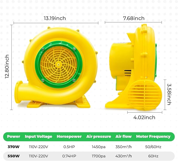 Bounce House Blower Air Blower for Bounce House Water Slide &amp Inflatable–IPX4 Waterproof PP Shell 110-120V with 4 StakesBullet-550W