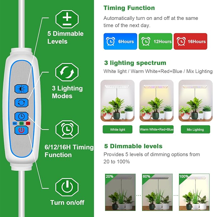 Wiaxulay Plant Grow Light 78 LEDs Grow Light for Indoor Plants Full Spectrum Height Adjustable Desk Growing Lamp with Metal Base Auto Timer 6/12/16Hrs 3 Lighting Modes 5 Dimmable Levels2 Pack