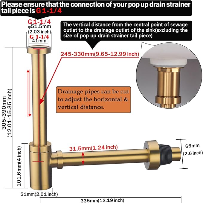 RANDOM Brass Round Bottle P-Trap 1 1/4Raise and Lengthen Adjustable Basin Sink Waste Drain Trap KitChampagne Bronze.RD-83888CB-L