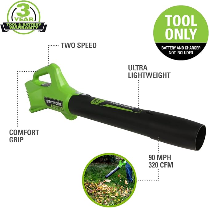 Greenworks 24V (90 MPH / 320 CFM / 200+ Compatible Tools) Cordless Axial Leaf Blower Battery and Charger Not Included