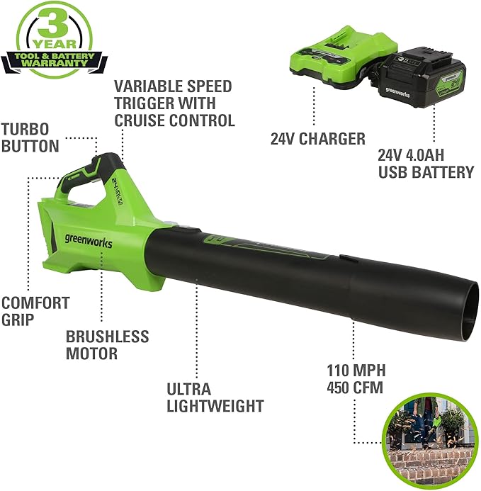 Greenworks 24V (110 MPH / 450 CFM / 200+ Compatible Tools) Cordless Brushless Axial Leaf Blower 4.0Ah Battery and Charger Included