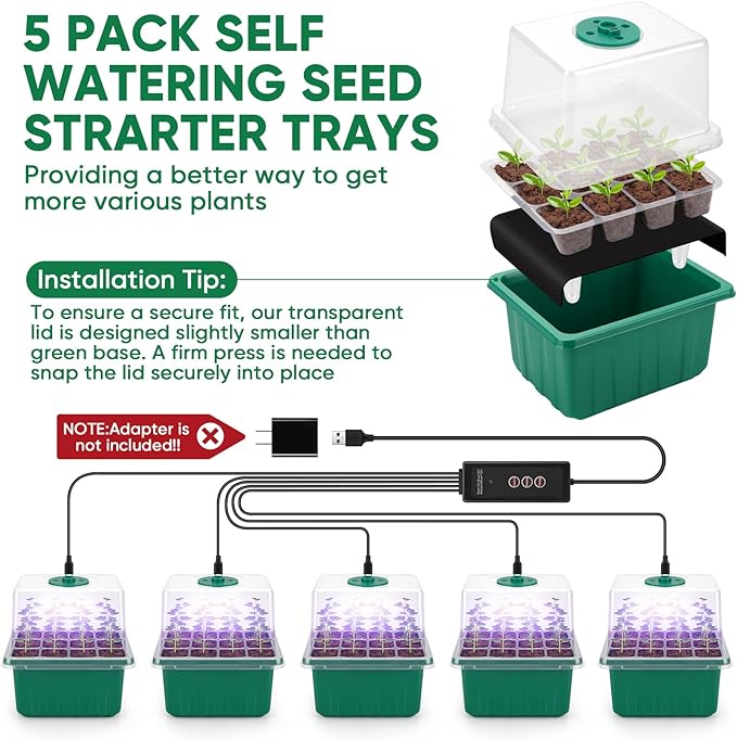 BlumWay Self-Watering Seed Starter Tray Kit with Grow Light and Humidity Dome3 Color Growing Light5-Pack 60-Cell Plant Seedling TrayReusable Plastic Germination TraysTimed Light Plant Starter Set