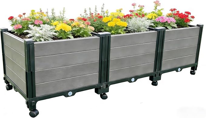 3-Pack Elevated Raised Garden Beds Outdoor with Wheels Sturdy Plastic Planter Boxes with Drainage for Patio Balcony Lawn &amp Backyard Gardening