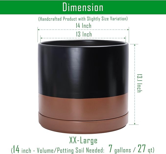 D'vine Dev 14 Inch Ceramic Planter Pot with Drainage Hole and Saucer Indoor Cylinder Round Planter Pot Black/Speckled Tan 94-O-G-7