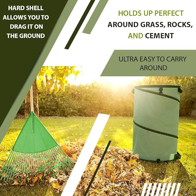 Collapsible -30 Gallon Canvas Garden Waste Bag -Pop-up Bucket Reusable Yard Leaf Bag Holder- Heavy Duty Hardshell Bottom – with Drain Holes for Lawn Pool Garden Camping Trash Debris Bag with Handles