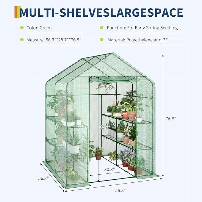 57x57x77 Inch Greenhouse for OutdoorPortable Walk in Greenhouses with Thicken PE CoverDurable Green House Kit with Window Vent 3 Tier 12 Shelves for Indoor Backyard Outside