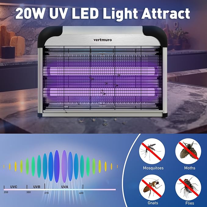 20W Electric Bug Zapper Indoor Fly Insect Killer with 3000V Grid UV Light Mosquito Gnat Zapper w 2 Replacement Bulbs for Home Kitchen Restaurant Garage 2pc