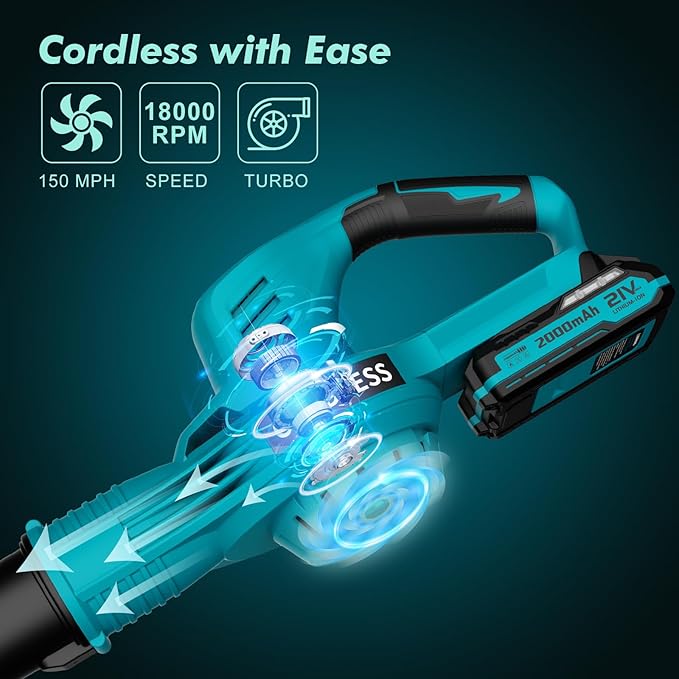 Leaf Blower Cordless - 21V Powerful Electric Leaf Blower with 2 Batteries and Charger 2 Speed Modes 2.0Ah Lightweight Battery Powered Leaf Blowers for Lawn Care Patio Dust Blowing Leaves
