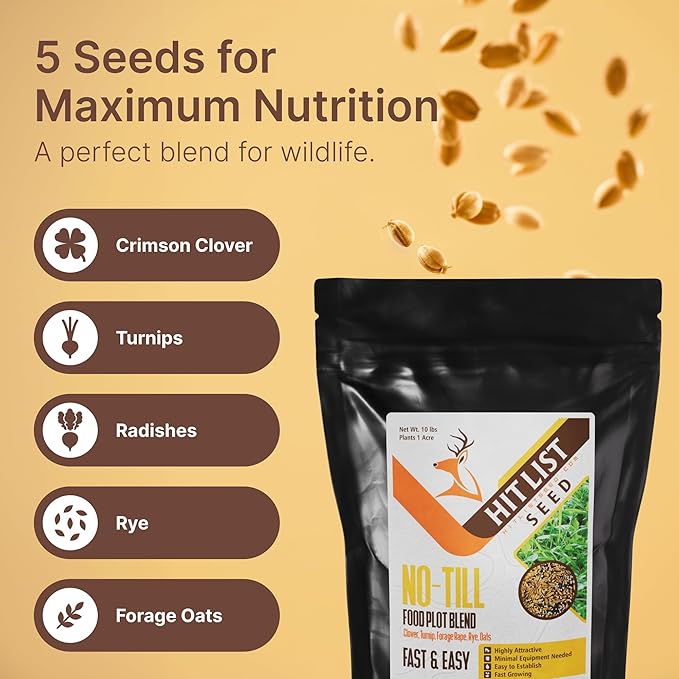 No Till Annual Mix - Throw and Grow Clover Rye Turnip Brassica Oats - No Plow Food Plot Seed for Deer - 10 lbs