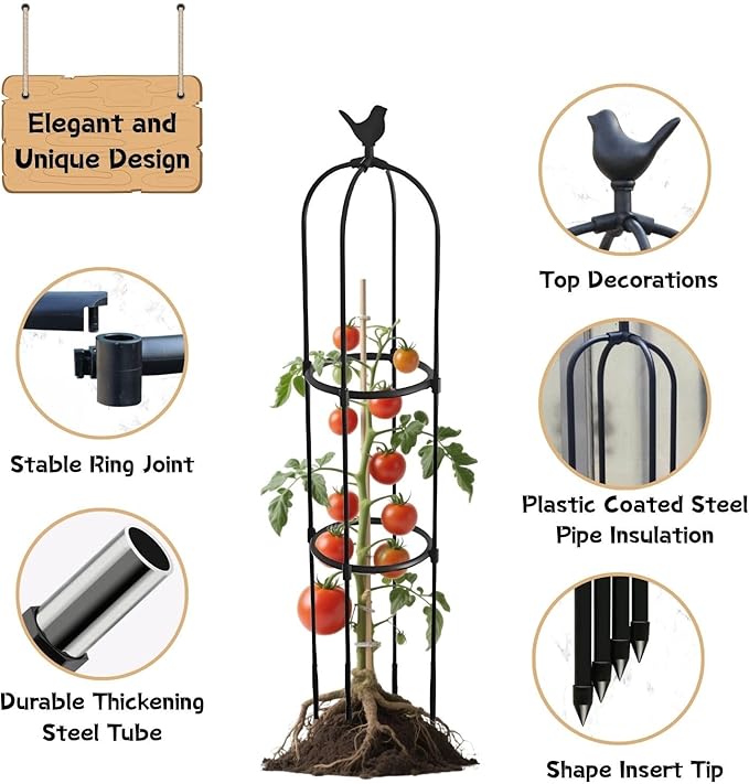 Garden Trellis for Climbing Plants Outdoor Garden Obelisk Trellis Metal for Climbing Vegetables 3.77ft 4.1ft 5.41ft 6.73ft Tower Obelisk Plant Support Shelf Clematis Jasmine(Black32 x 145cm/1.05 x