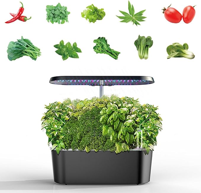 Hydroponics Growing System Kit 7 Pods Indoor Gardening System with 24W LED Grow Light 2 Smart Light Modes Microgreens Growing Kit (Black)