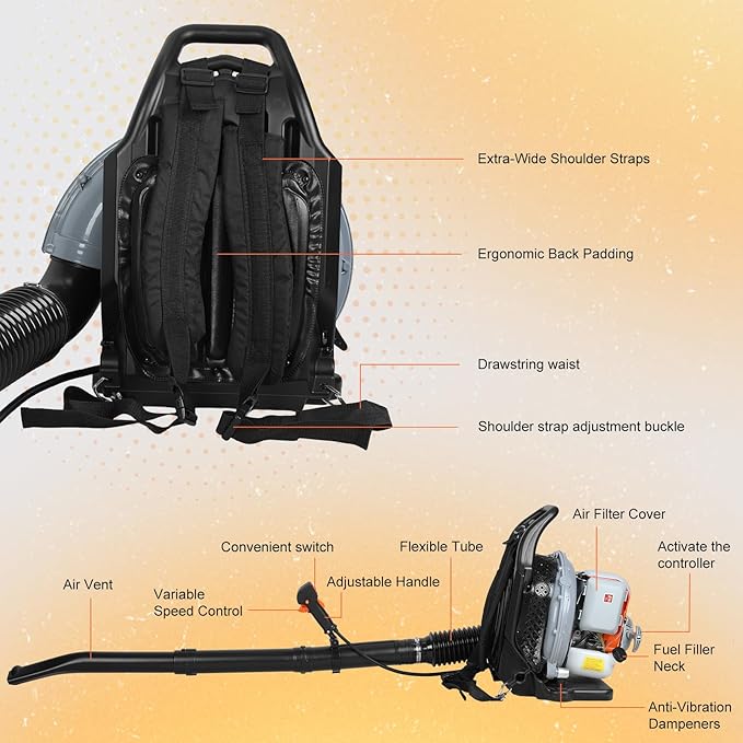 Backpack Gas Powered Leaf Blower 63CC 665 CFM Extreme Duty 2-Stroke Petrol Powered Leaf Blowers for Lawn/Garden Care Yard Snow/Grass Blowing Dust Debris from US (665CFM 75.6CC Grey)