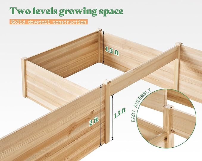 AMERLIFE 12x12x2 FT Wooden Raised Garden Bed H-Shaped Planter Box with Double-Layer Design 180 Cu. Ft Capacity for Outdoor Patio &amp Backyard