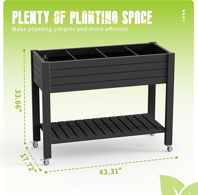 EasyUp 21 Gallon Raised Garden Bed with Legs and Wheels Raised Planter Box with Drainage Plug and Gauge Lower Shelf for Tools and Accessories Dust-Proof Resin for Patio and Backyard(Black)