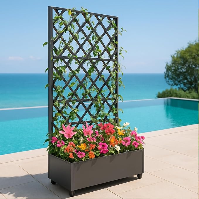 Metal Planter Box with Diamond Lattice Trellis 72x47 Galvanized Raised Garden Bed on Wheels for Climbing Plants Black