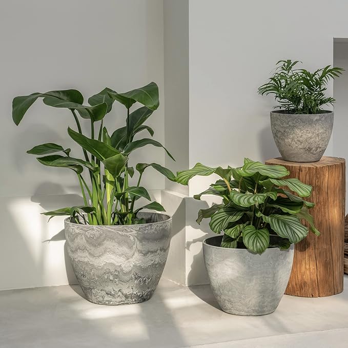 LA JOLIE MUSE 14.2/11.3/8.6 Inch Round PlanterIndoor/Outdoor Large Planters Set of 3Grey Plant Container with Drain HolesTree Flower Plant Pots for Patio and Deck