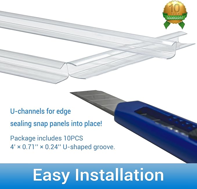 10 PCS Polycarbonate Greenhouse U Connector Profile 4ft Length Fits 0.16’’ &amp 0.24’’ Twin-Wall Polycarbonate Panels Duty Dust Rain &amp Moisture Protection Durabler (U-Clip 4' × 0.71’’ × 0.24’’)
