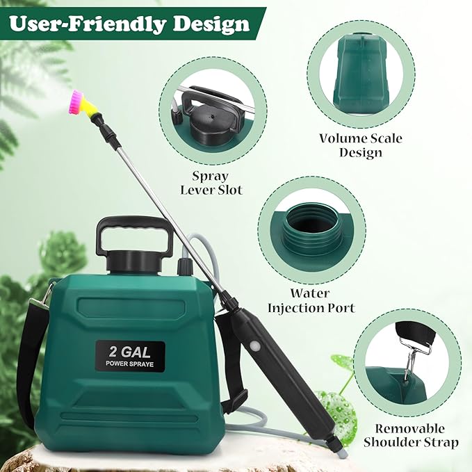 Battery Powered Sprayer 2 Gallon Powerful Electric Garden Sprayer with 3 Mist Nozzles USB Rechargeable Handle Retractable Wand and Adjustable Shoulder Strap for Irrigation Weeding(Green)