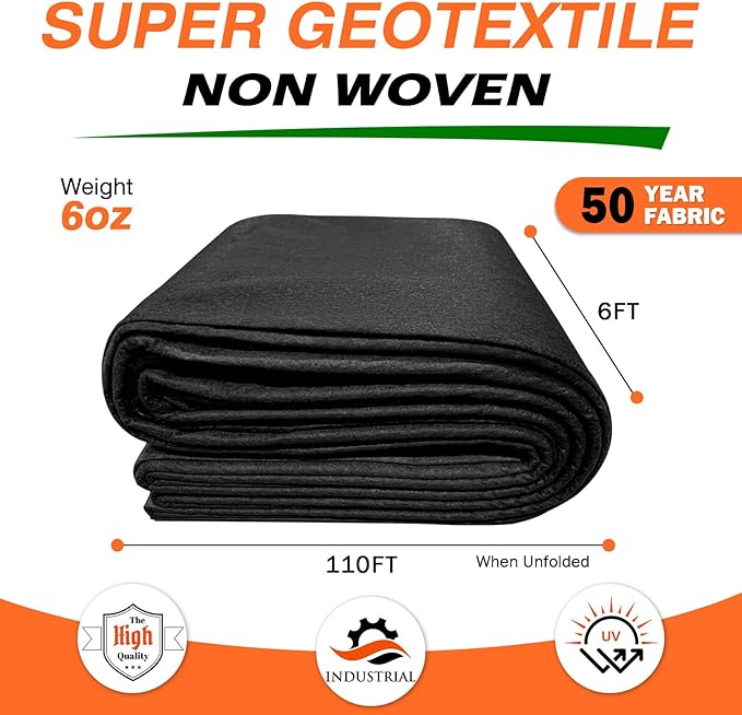 6oz 6FTx110FT Non Woven Geotextile Fabric for French Drains Landscaping Underlayment Weed Control Construction Erosion Control