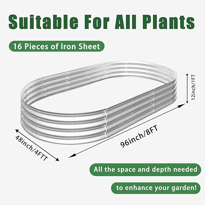 Galvanized Steel Raised Garden Bed 8x4x1ft (96x48x12) - Commercial-Grade Planter Box for Vegetables &amp Flowers | 1200lb Capacity | Rust-Proof &amp Expandable Design | 30-Min Assembly