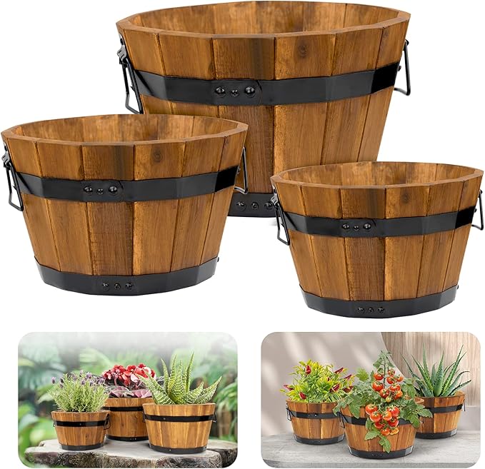 Idzo Set of 3 Wooden Flower Boxes Outdoor Durable Acacia Wood Barrel Planters for Outdoor Plants with Ergonomic Handles Drainage Holes Multiple Sizes Wood Bucket Planter Light Brown
