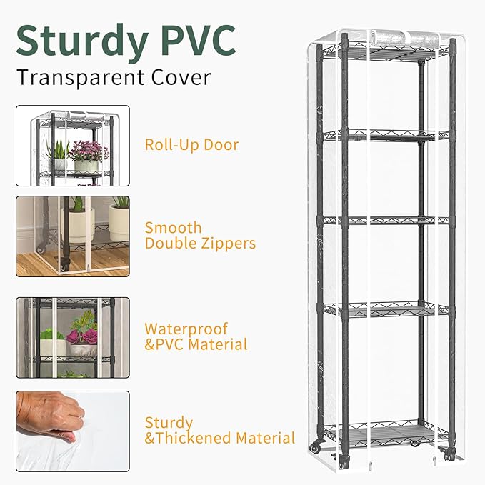 Mini 5-Tier Greenhouse for Indoor Outdoor  15.7 L×11.8 W×62.3 H Portable Greenhouse with Clear PVC Cover and Metal Shelf for Growing Vegetables Flowers and Seedlings with Wheels