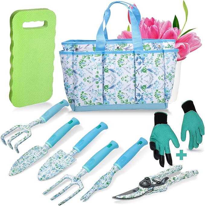 Garden Tool Set 9 Piece Aluminum Alloy Gardening Hand Tools Kit Gift for Women &amp Parent Gardening Supplies with GlovesToteKneeling PadHand PrunerTrowelHand RakeWeederForkTransplanter