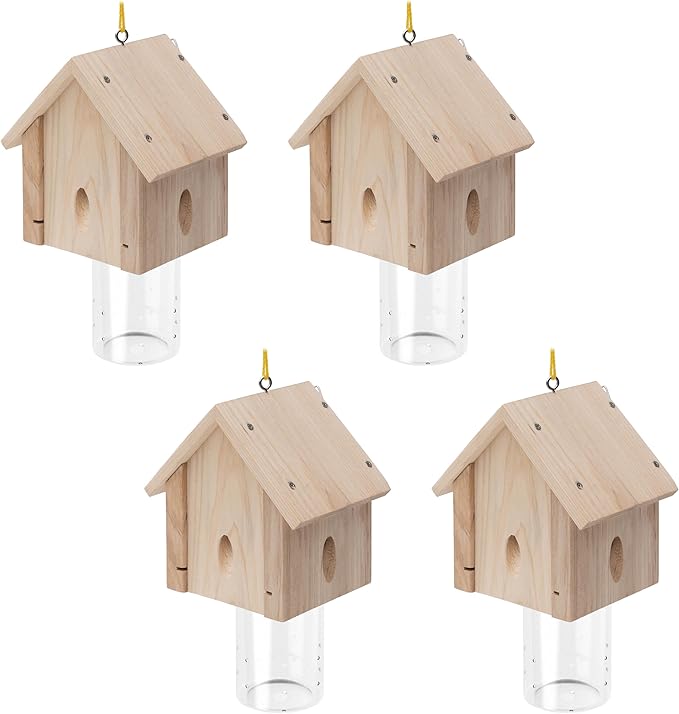 Carpenter Bee Trap for Outside - Best Bee Trap - Cabin Style Nature Hanging Wood Carpenter Bee Traps Outdoor - Insect Traps with Removable Vault (4 Pack)