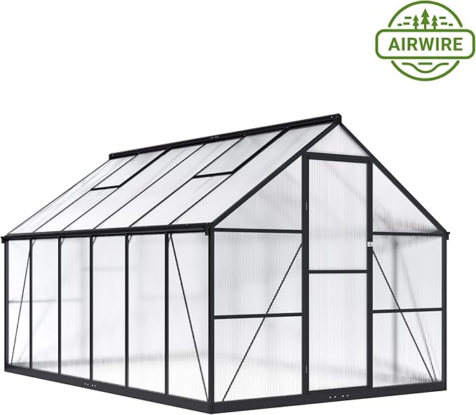 8x12 FT Greenhouse for Outdoors Quick Setup Polycarbonate Greenhouse with Roof Vent Aluminum Large Walk-in Green House for Outside Garden Backyard Black