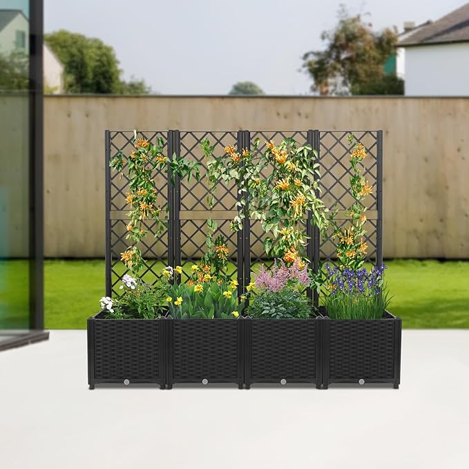4-Pack Elevated Planter Box with Climbing Trellis 33lbs Capacity Raised Garden Bed Adjustable Vertical Planting Box with Drainage Plugs for Balcony Patio Backyard Flowers(Dark Black)