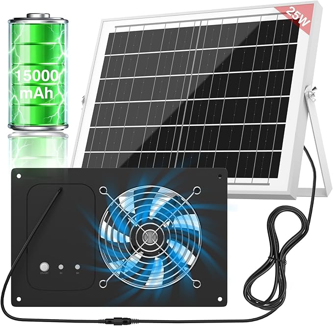 Solar Powered Fan with 15000mAh Battery &amp Timer 25W 3500RPM High-Speed Solar Exhaust Fan Low Noise Waterproof Ventilation for Chicken Coop Greenhouse Shed Pet House &amp Window