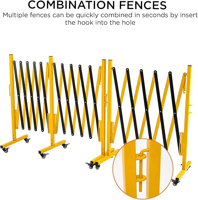 TECSPACE Industrial Expandable Metal Barricade Expansion Size 8.2 FT Yellow and Black Durable Steel Safety Barricade with casters Flexible Mobile Barrier Gate Adjustable Traffic Fence
