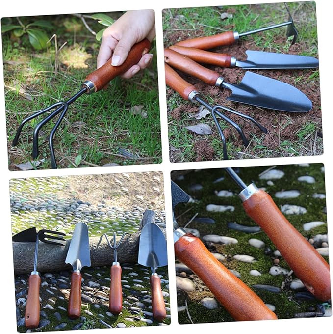 Beaupretty Garden Tool Set 4pcs Mini Spade Shovel with Extended Narrow Blade 3-Prong Cultivator Dual-use Hoe Rake and Soil Scoop for Precise Weeding and Planting in Pots and Gardens
